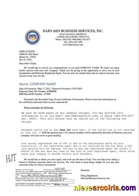 USA Delaware registration certificate, version 2